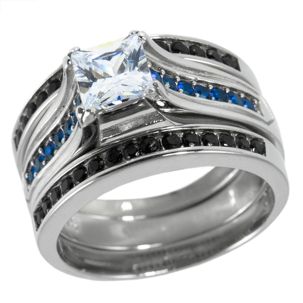 Thin Blue Line Engagement CZ Ring Set Stainless Steel Princess Cut – Honor  Valor
